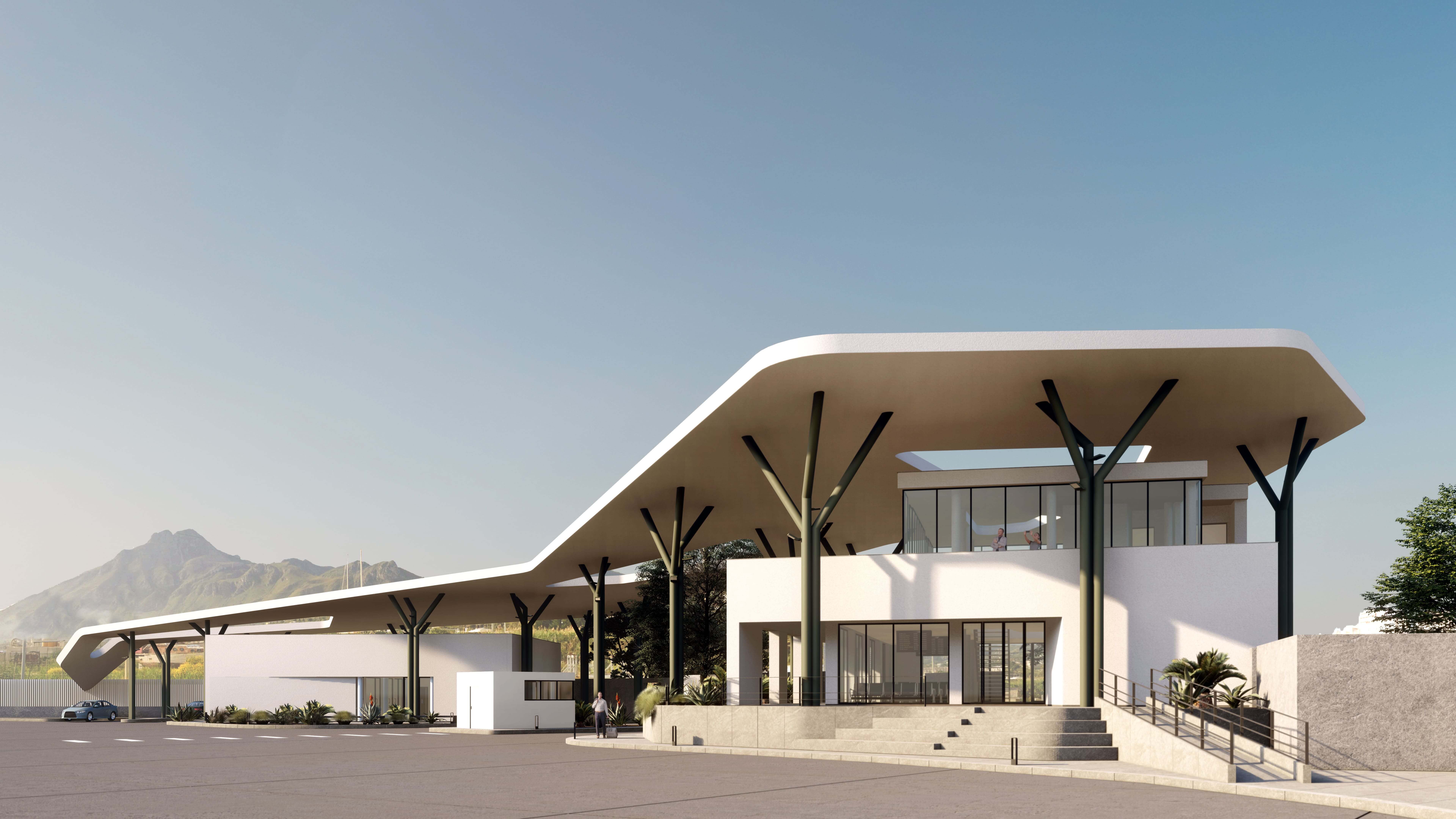 Progetto architettonico contemporaneo con copertura organica e struttura ispirata alle forme degli alberi